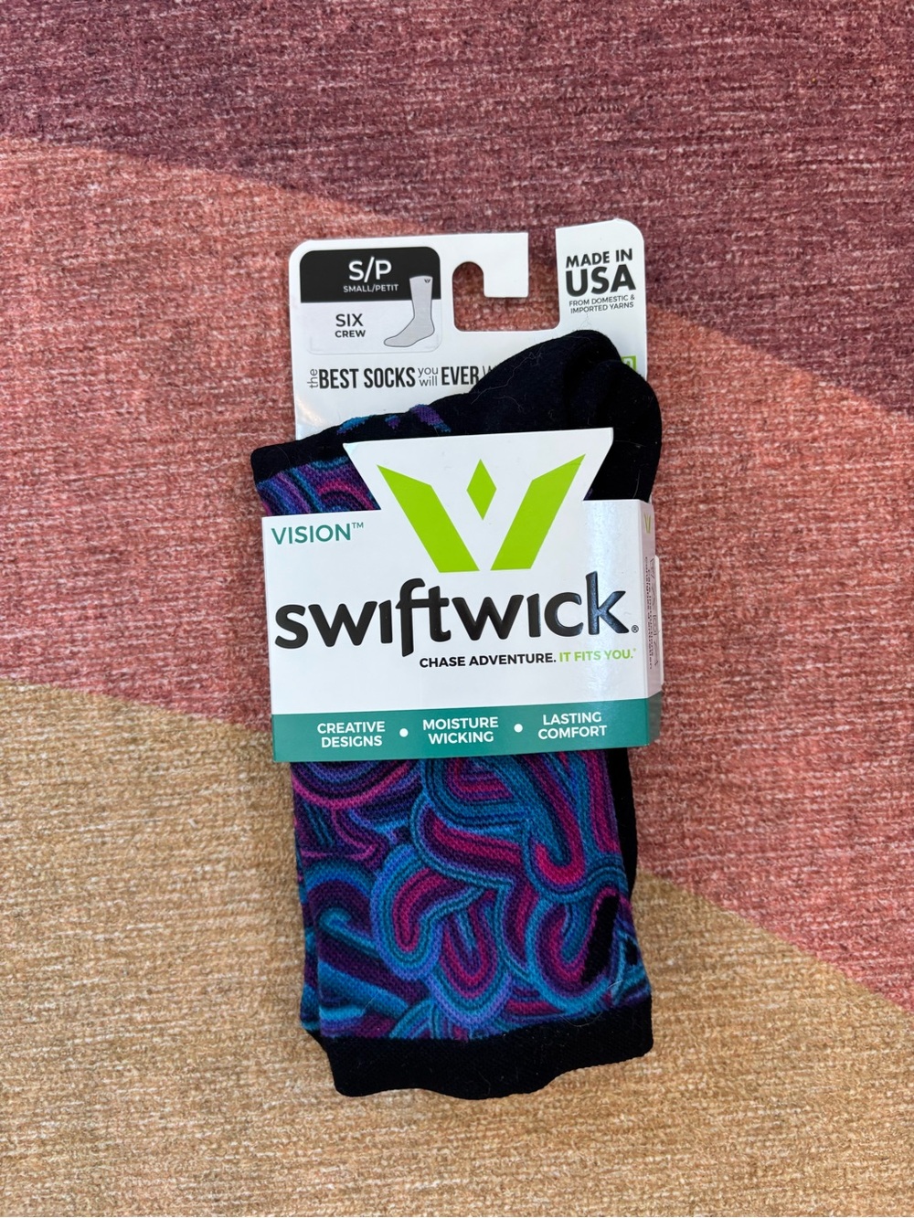 Vision Women's Crew Socks - Black with Blue & Purple Pattern
